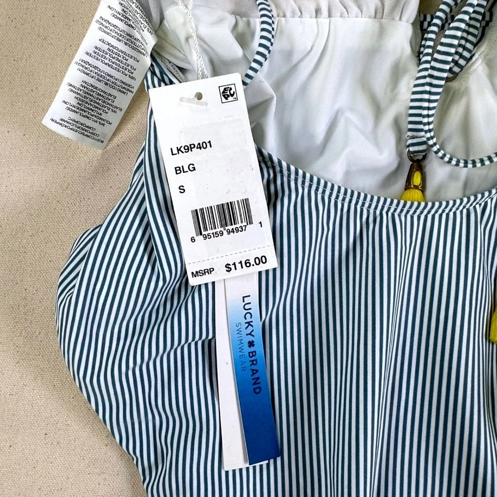 Lucky Brand Women Blue White Striped Embroidered V-Neck One Piece Swimsuit S NEW